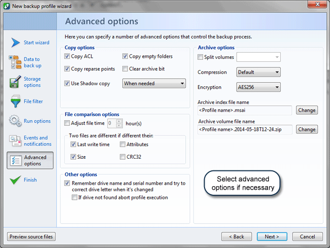 How to back up files: Advanced options