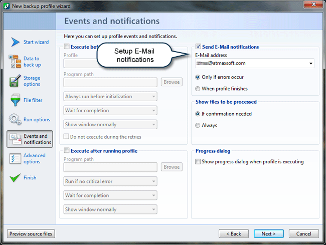 How to back up files: Events and notifications