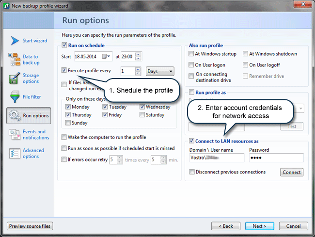 How to back up files: Run options