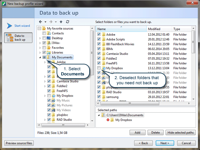 How to back up files: Select data to back up