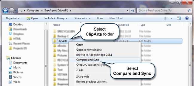 How to compare contents, view diffs and sync two directories in Windows: Context menu