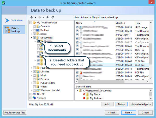 How to back up files: Select data to back up