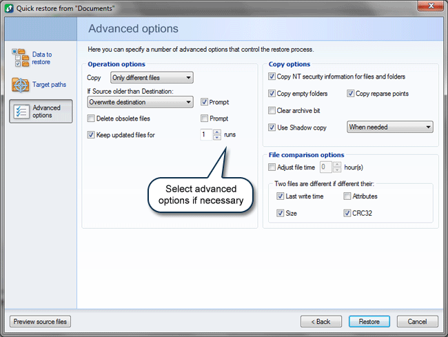 How to restore files: Advanced options