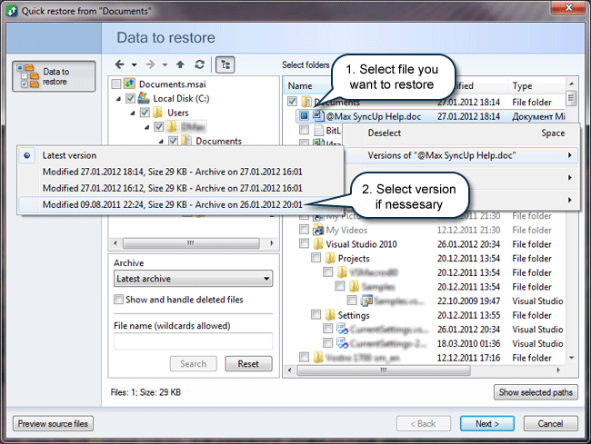 How to restore files: Select files to restore