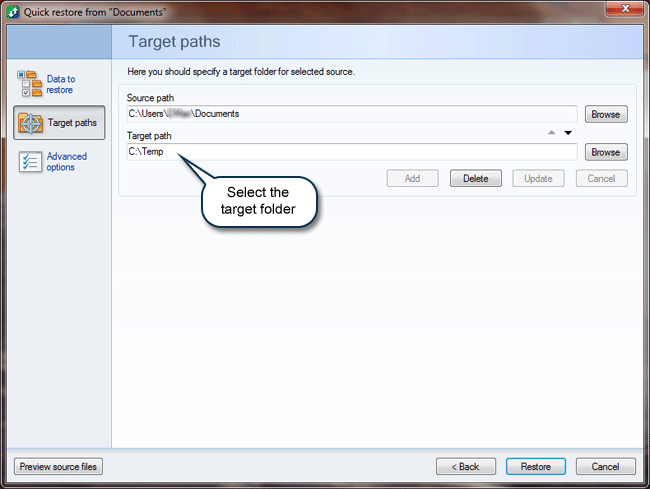 How to restore files: Target paths