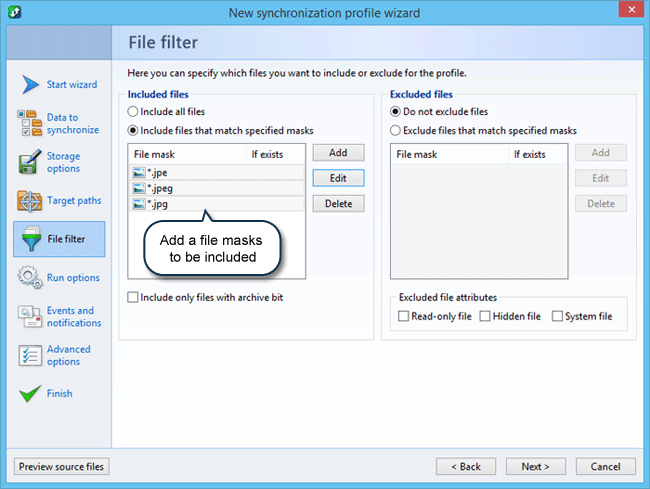 How to synchronize files and folders in Windows: File filter