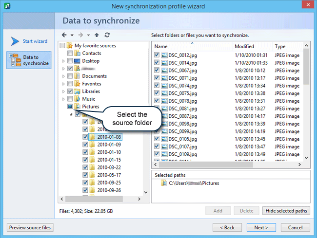 How to synchronize files and folders in Windows: Select source folder