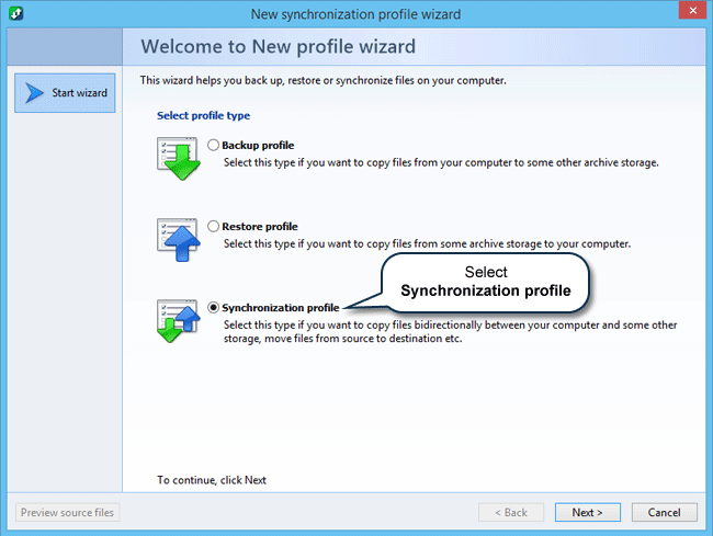 How to synchronize files and folders in Windows: Start Wizard