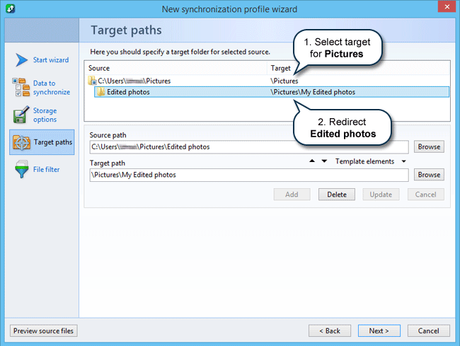 How to synchronize files and folders in Windows: Target paths