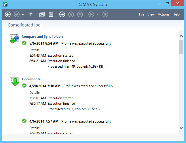 Log of the results of backup, restore and synchronization