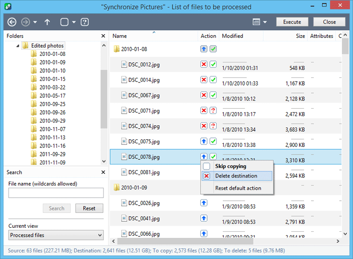 Preview files to be processed during the backup, restore or sync profile execution