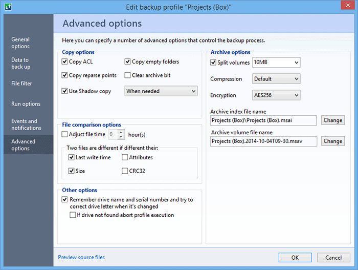 Change advanced options of a backup, restore or synchronization profile