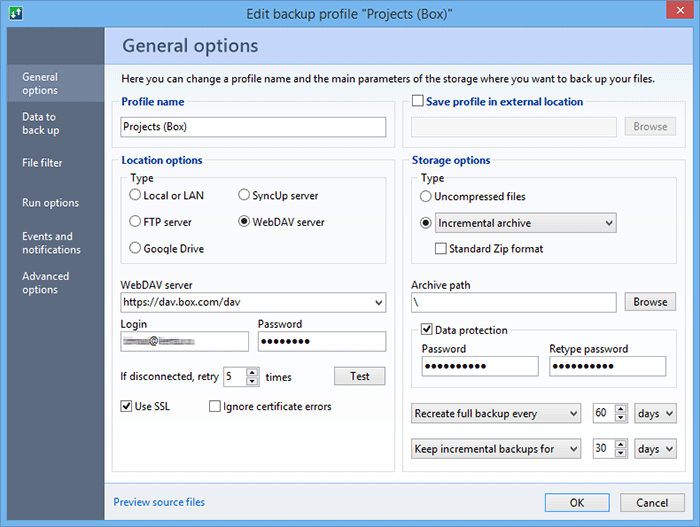 Edit general settings of a profile, such as a profile name, location and other storage options
