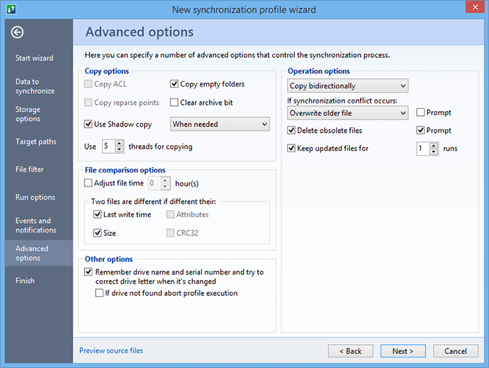 Change advanced options of a profile of backup, restore or sync