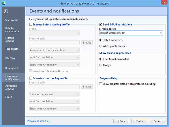 Edit events and notifications for the backup, restore or synchronization process