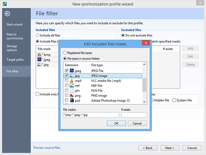 Edit filters for including or excluding specific file types to be processed