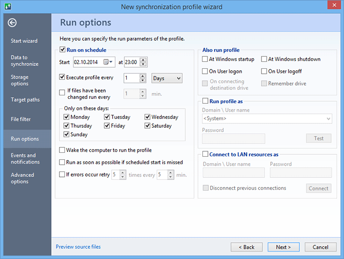 Edit run options for the backup, restore or synchronization process