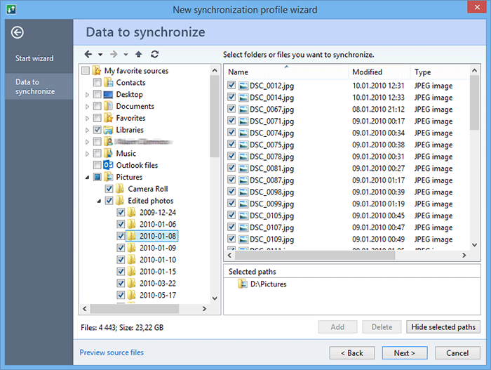Select files and folders to be processed during the profile execution