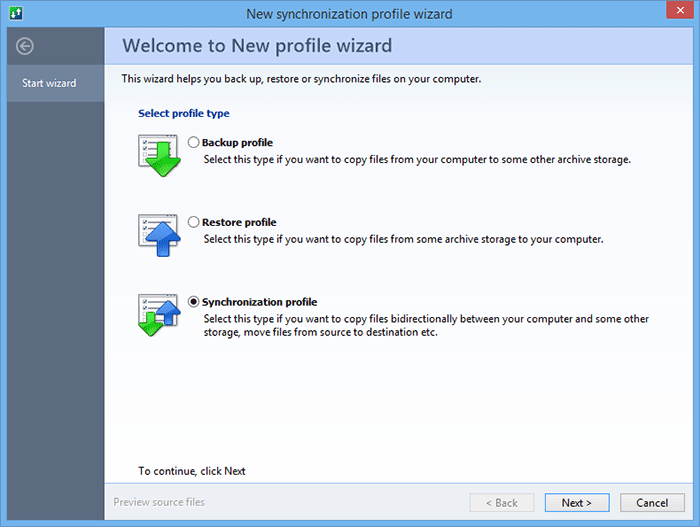 Select the type of the new profile: backup, restore, or synchronization