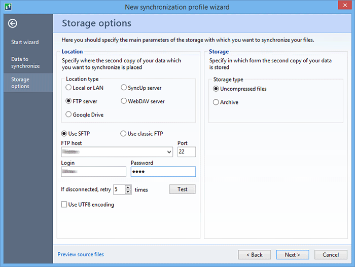 Specify the location and format of saving backup copies of the files