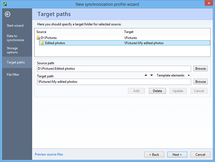 Select the target path of each source folder