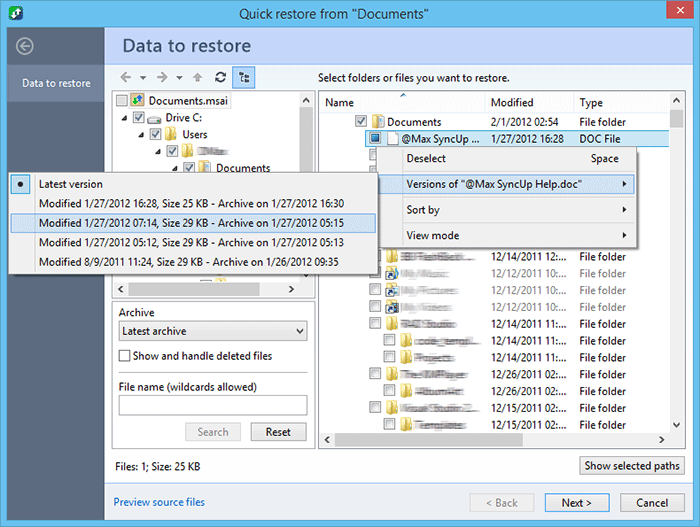 Select files and folders to be restored