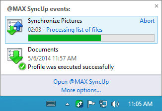 The status information on a profile of backup, restore, or synchronization
